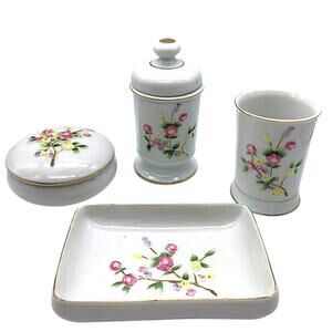 Vtg Bathroom Vanity Set Cup tray dish flowers girls Cottage Coquette Japan READ
